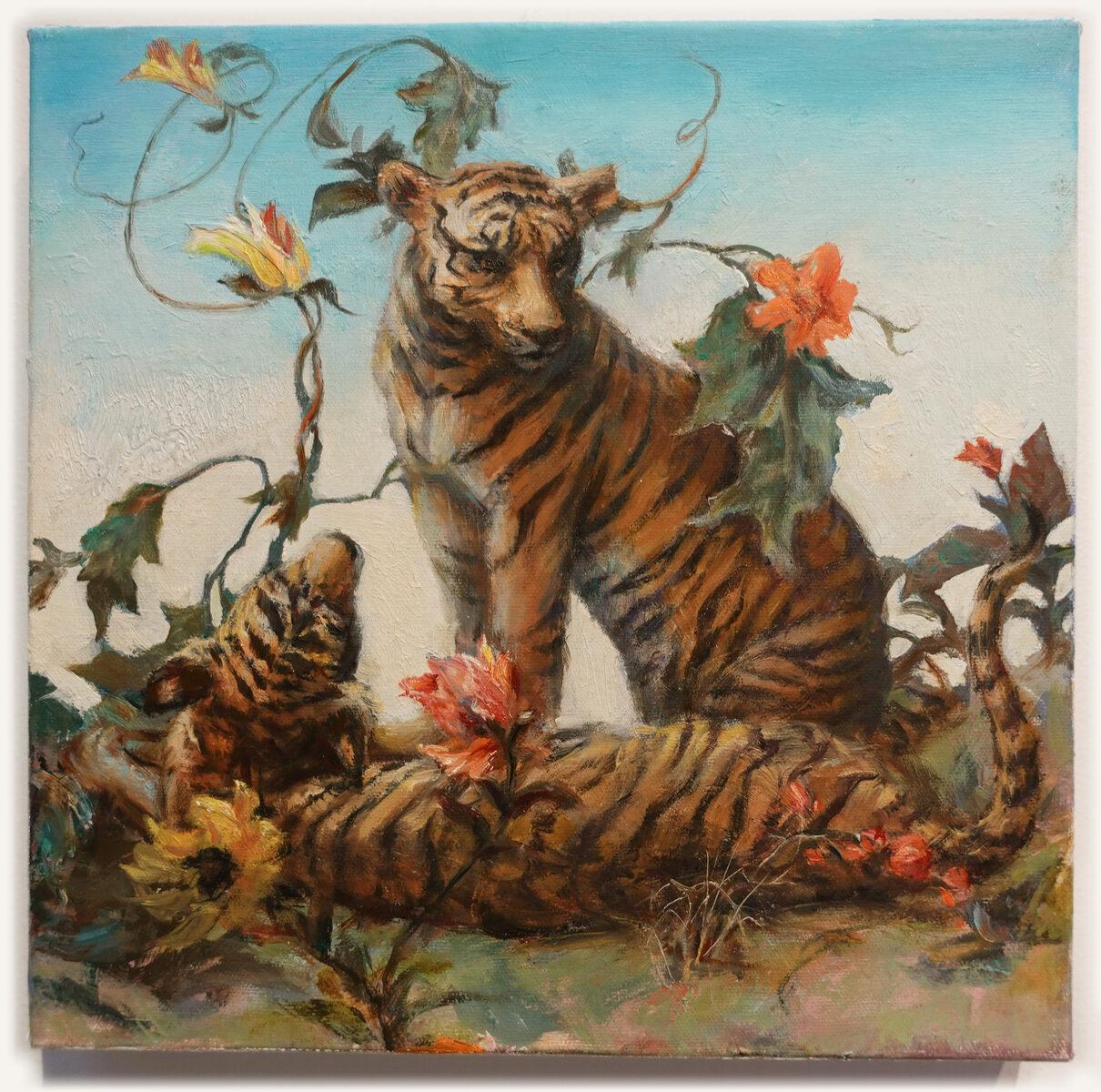 "The Felines" Ölgemälde, quadratisch, poetischer Realismus, Tiger, Großkatzen, Wildblumen