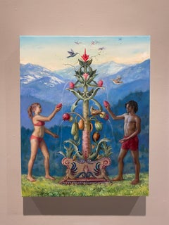"El Gran Misterio" óleo contemporáneo, un Adán y Eva modernos, Árbol de la Vida