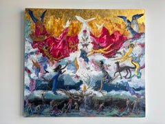 "The Weavers" peinture à l'huile réaliste et poétique, feuille d'or, tons chauds