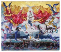 "The Weavers" peinture à l'huile réaliste et poétique, feuille d'or, tons chauds