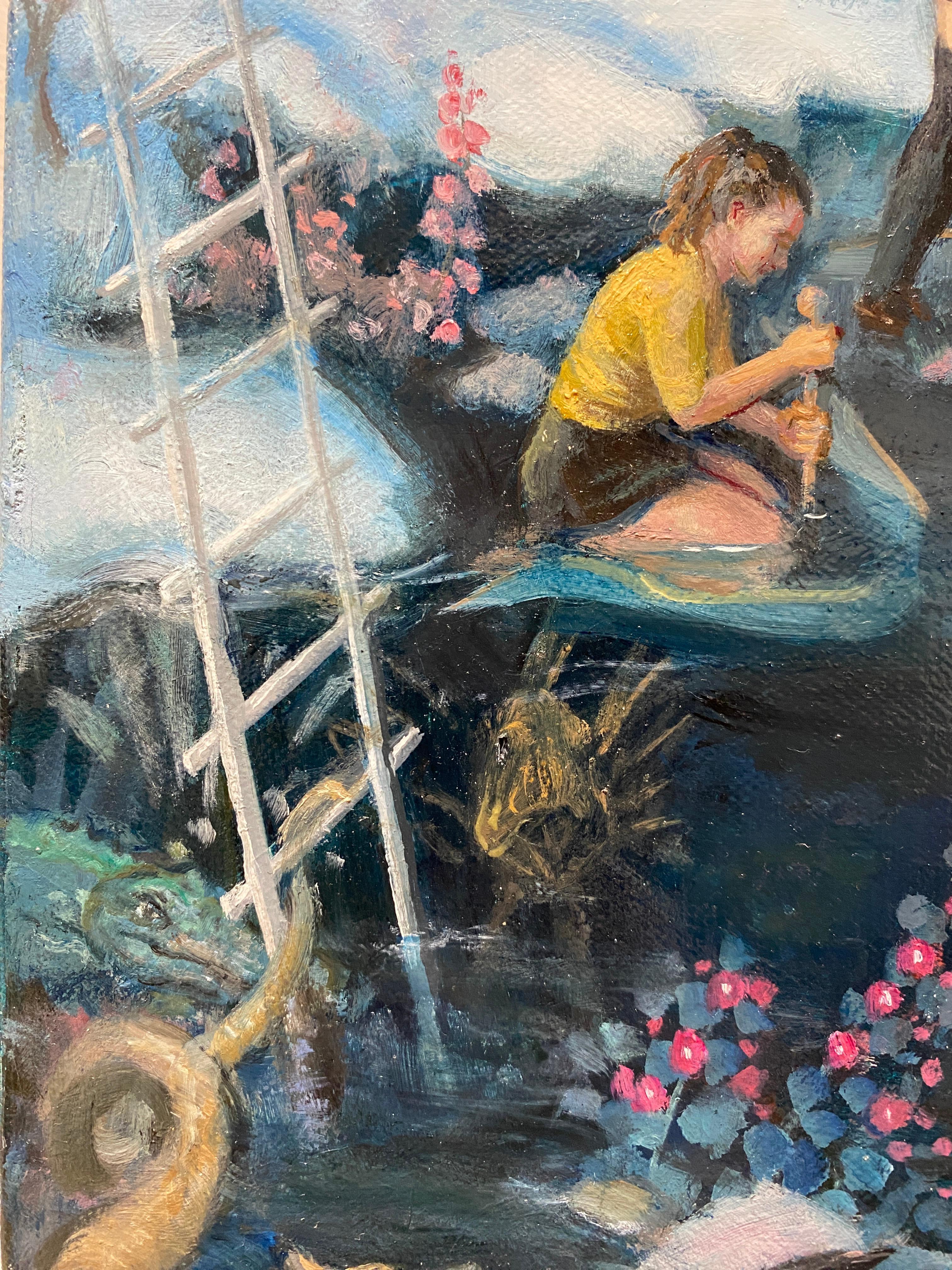 Gordon creates another magical surrealist world in this playful composition. Girls in their school uniforms play on top of clouds as if it were a snowy landscape. Schoolyard elements jibe with the fantasy creatures of the foreground—the real and the
