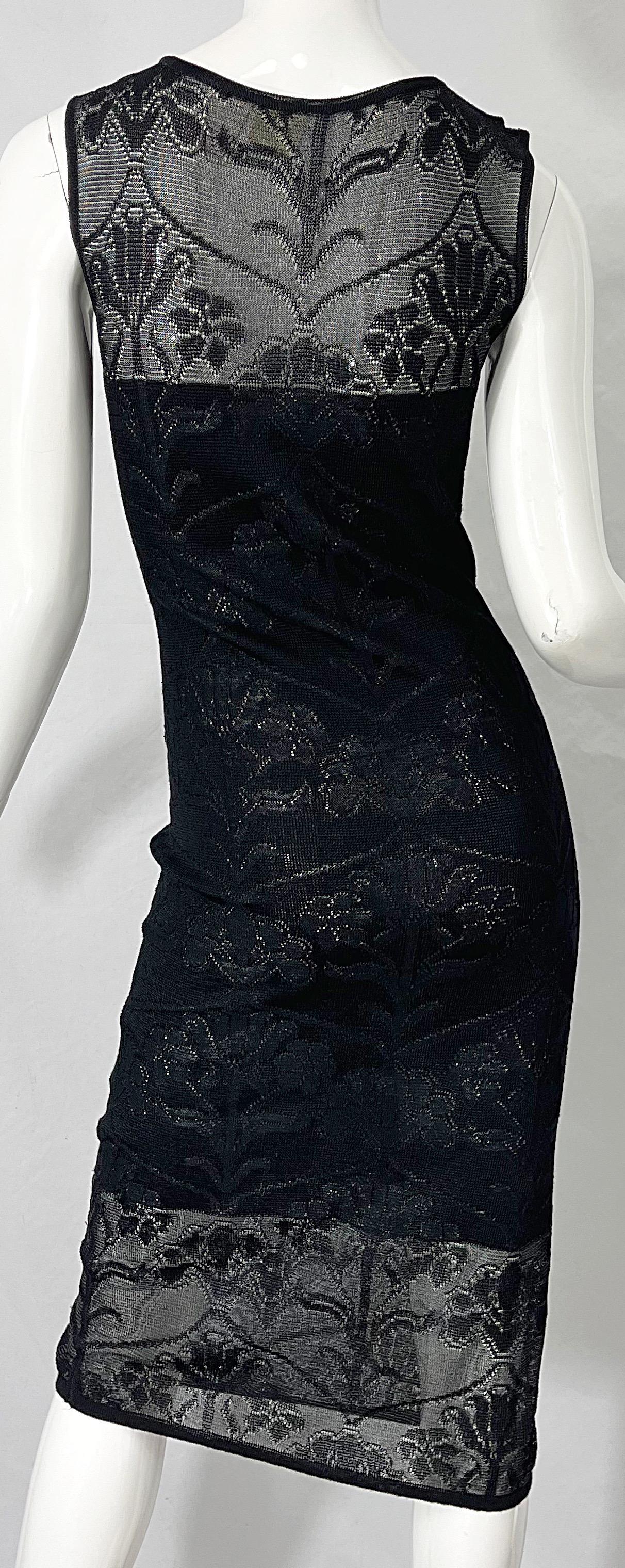 Krizia 1990s Black Crochet Embroidered Semi Sheer Sleeveless Vintage 90s Dress For Sale 5