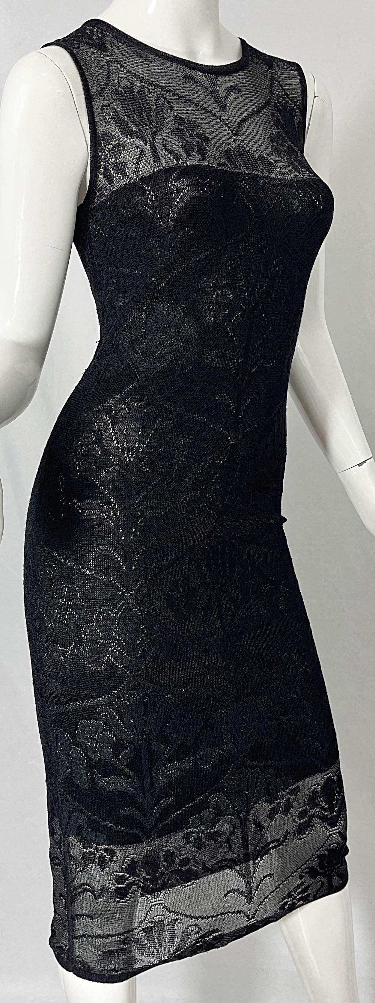 Krizia 1990s Black Crochet Embroidered Semi Sheer Sleeveless Vintage 90s Dress For Sale 6