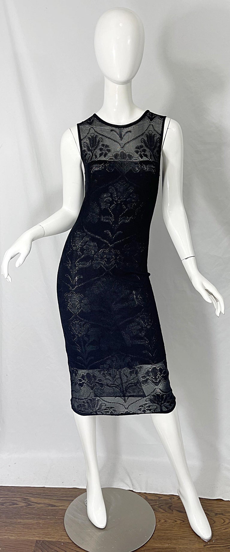 Krizia 1990s Black Crochet Embroidered Semi Sheer Sleeveless Vintage 90s Dress