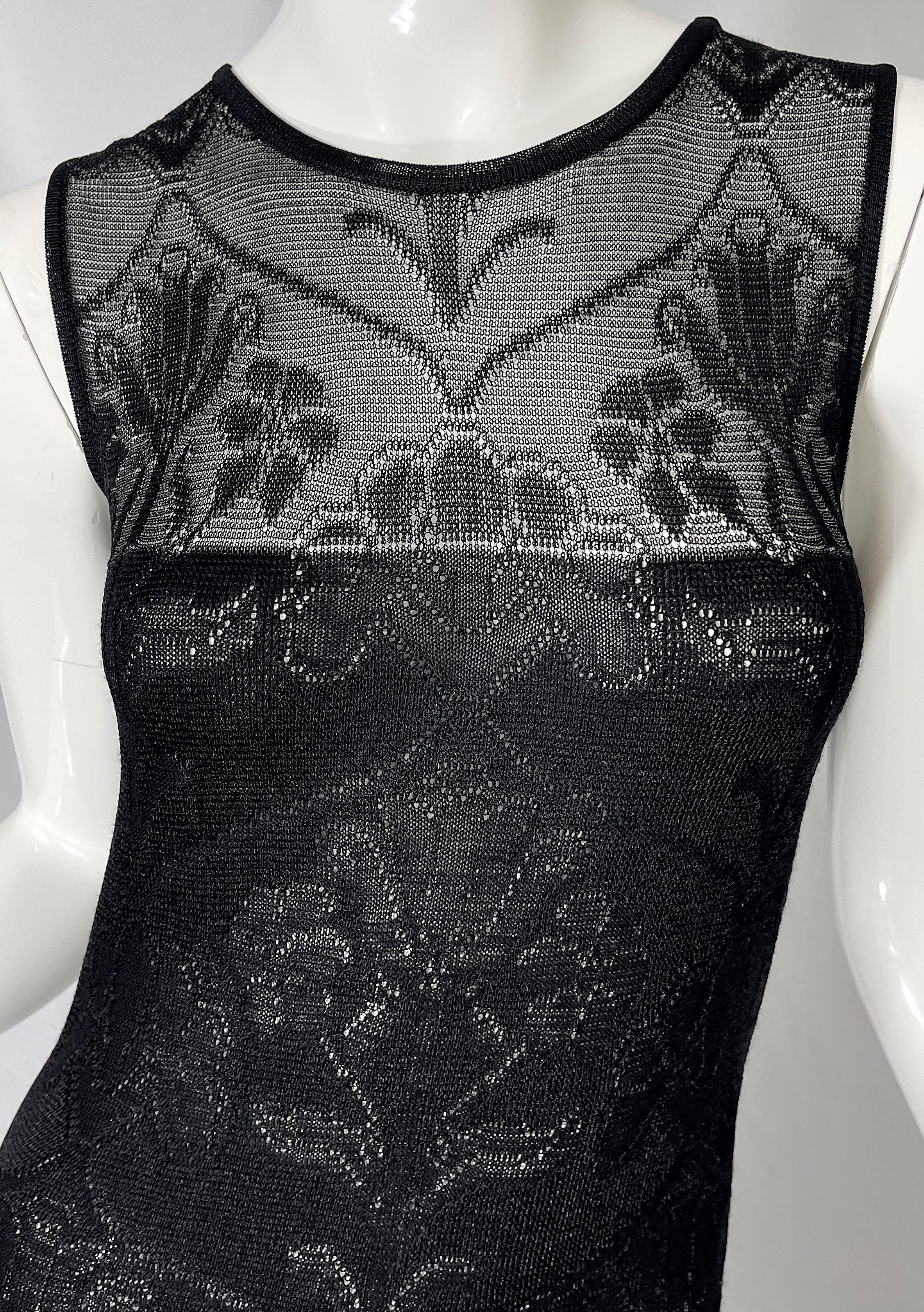 Krizia 1990s Black Crochet Embroidered Semi Sheer Sleeveless Vintage 90s Dress For Sale 1