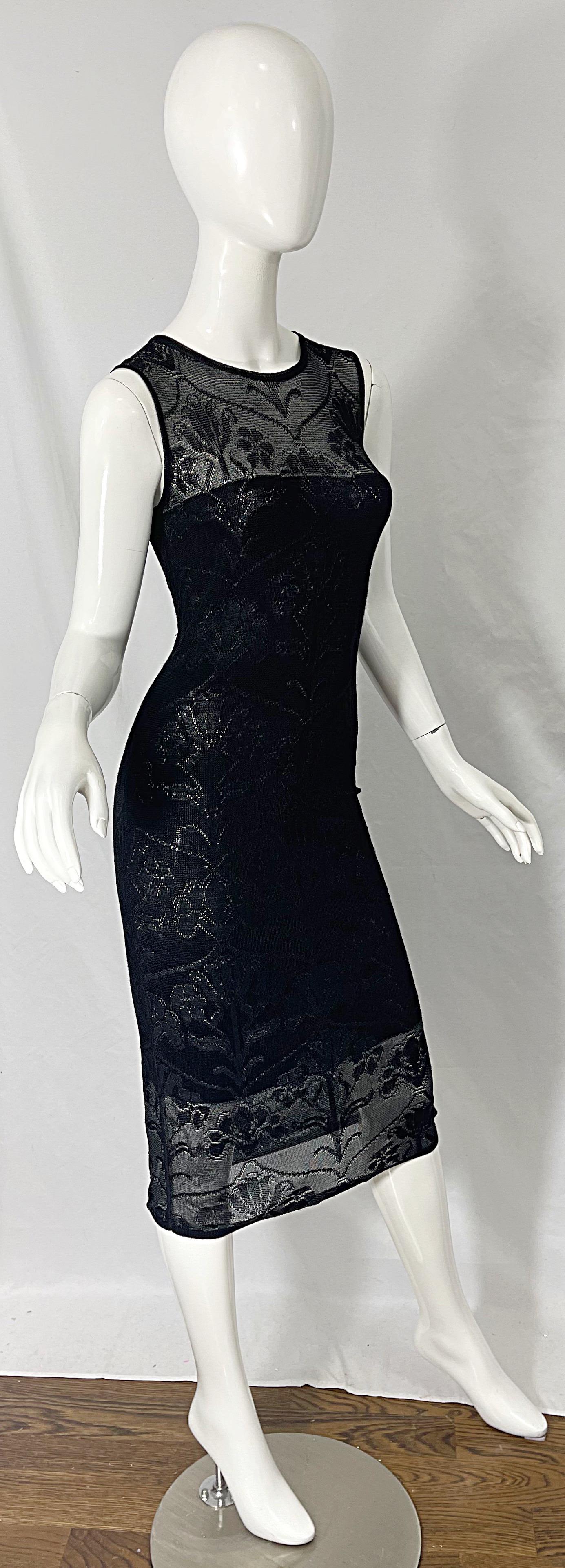Krizia 1990s Black Crochet Embroidered Semi Sheer Sleeveless Vintage 90s Dress For Sale 2