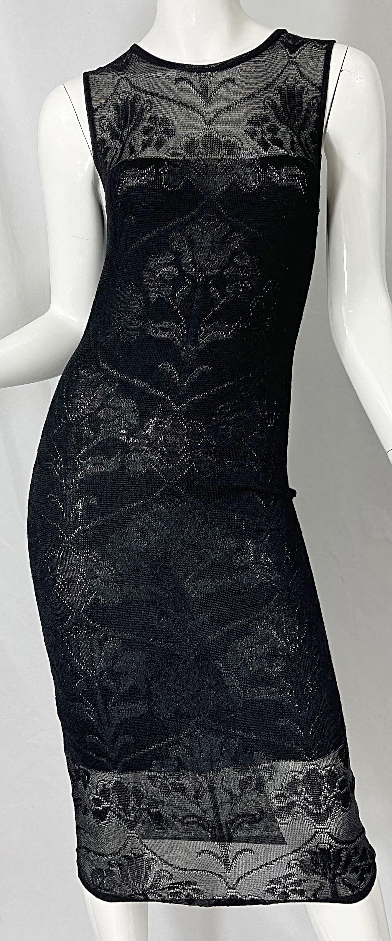 Krizia 1990s Black Crochet Embroidered Semi Sheer Sleeveless Vintage 90s Dress For Sale 3