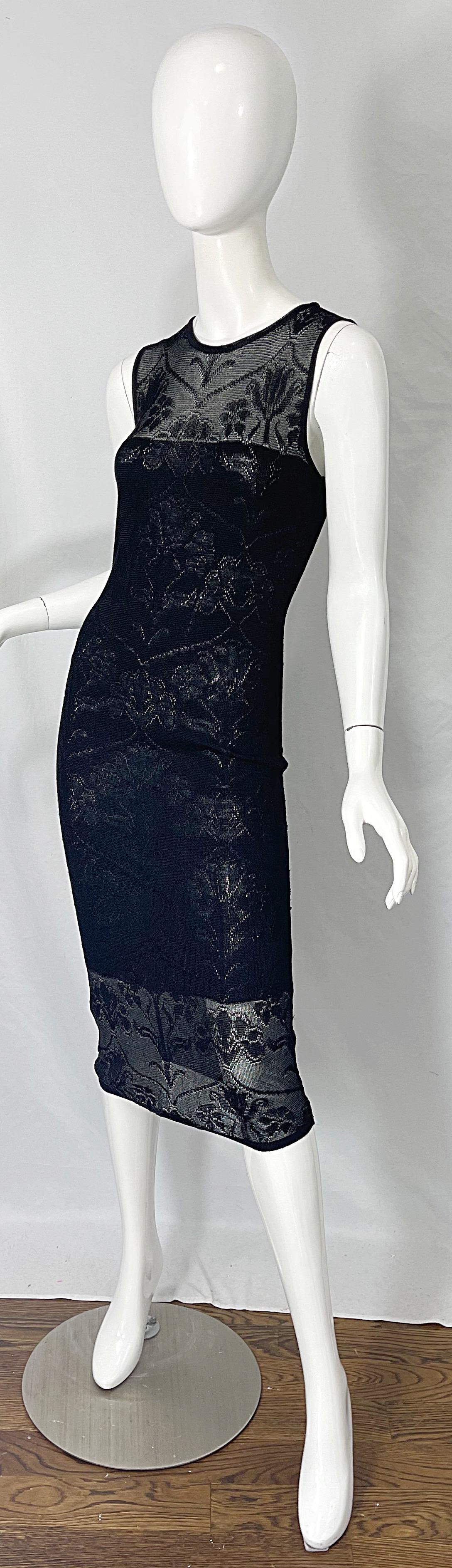 Krizia 1990s Black Crochet Embroidered Semi Sheer Sleeveless Vintage 90s Dress For Sale 4