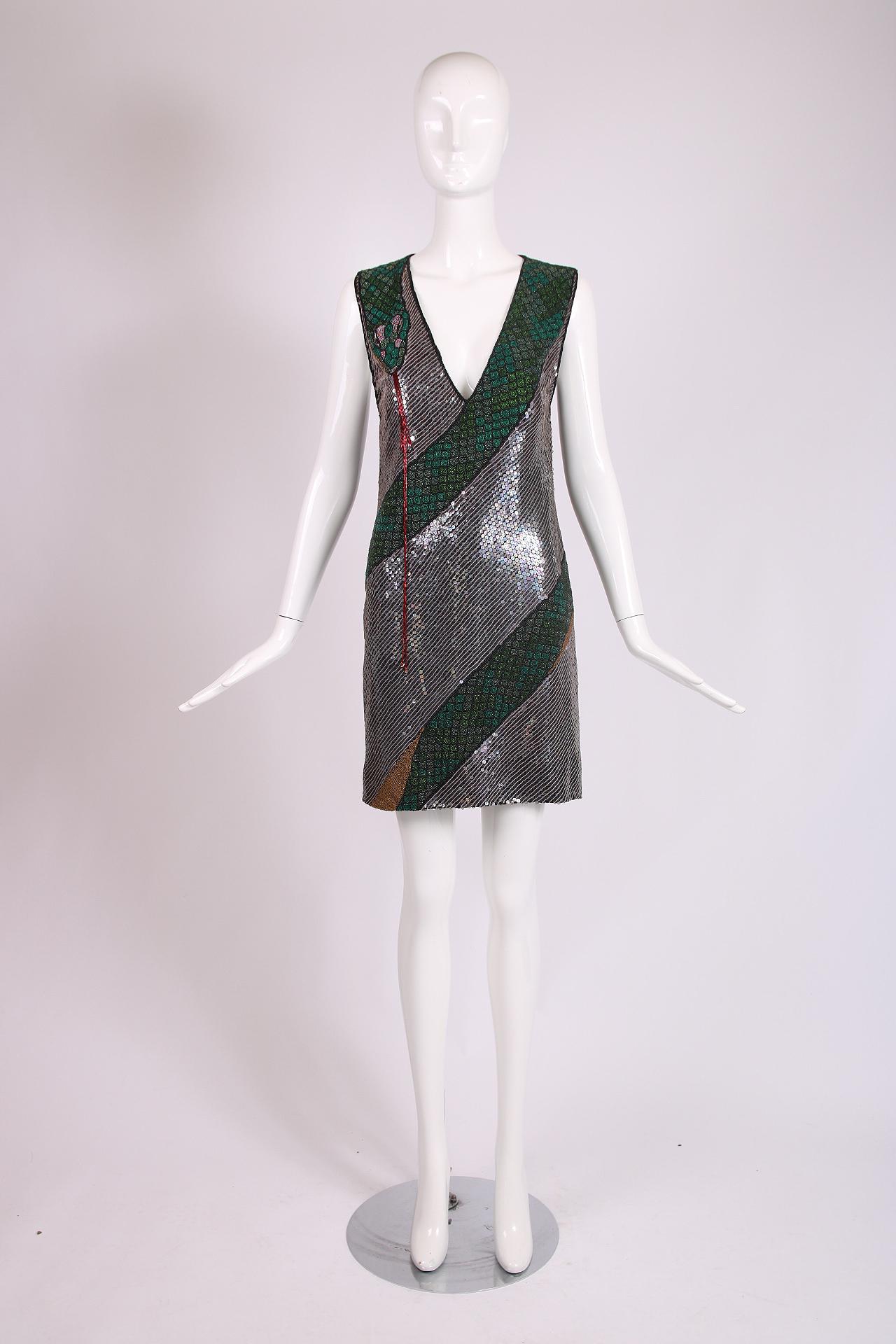 Noir Krizia - Robe courte ornée de perles et pailletée avec motif serpent en vente
