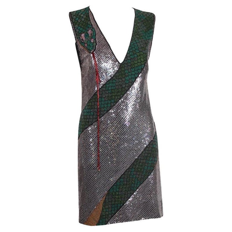 Krizia Beaded & Sequined Mini Dress W/snake Motif