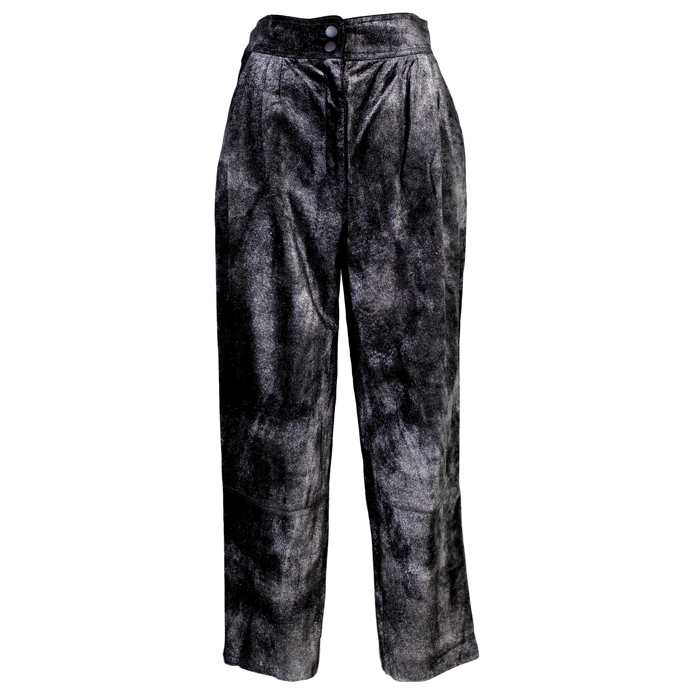 Krizia Black and Silver Pigskin Leather Lamè Iridescent Pants 1980s  Style NWT For Sale