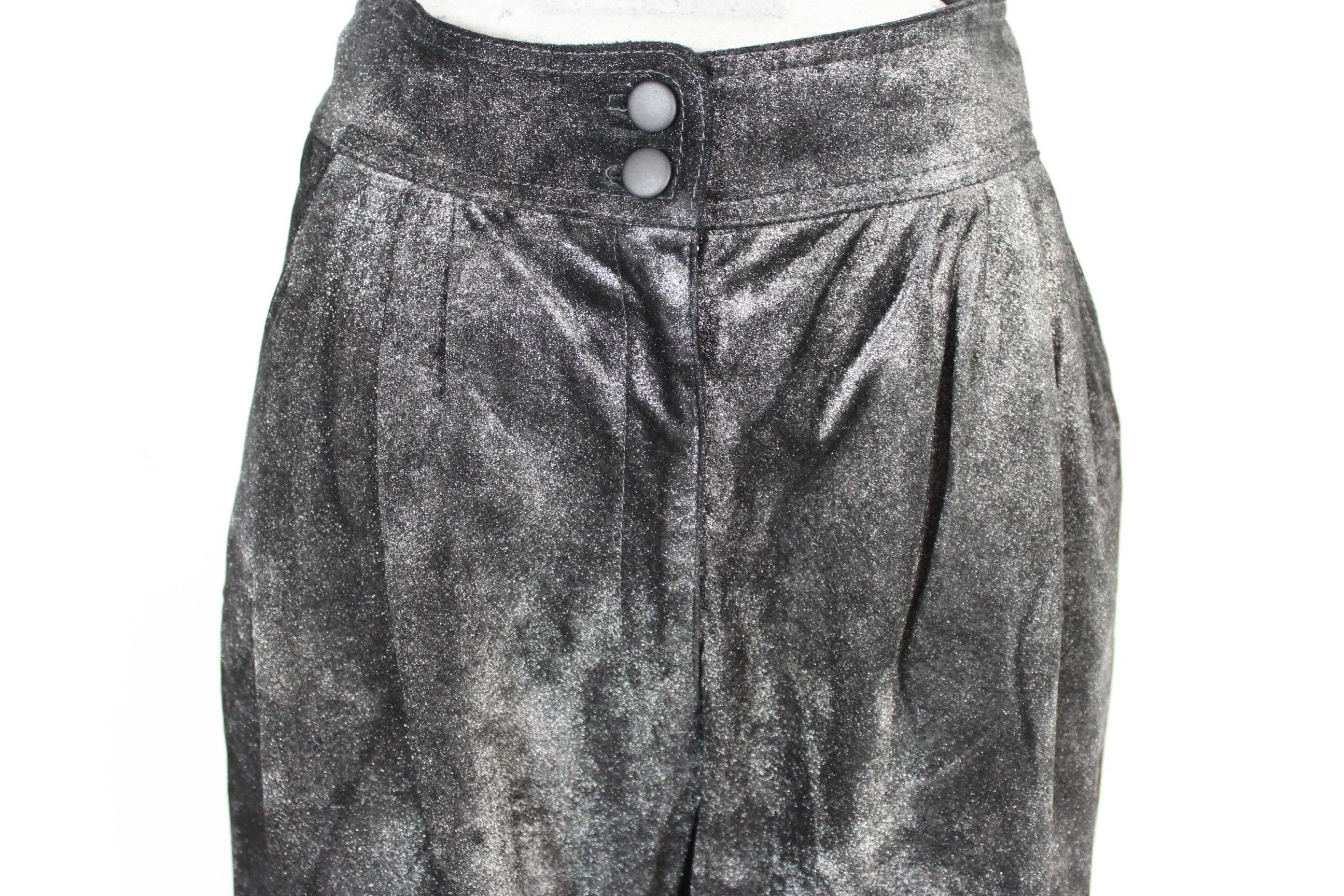 Krizia Pantalon en cuir de porc noir et argenté 1980 Lamè Iridescent Style NWT Pour femmes en vente