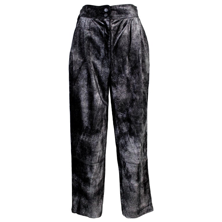 Krizia Black and Silver Pigskin Leather Pants 1980s Lamè Iridescent ...