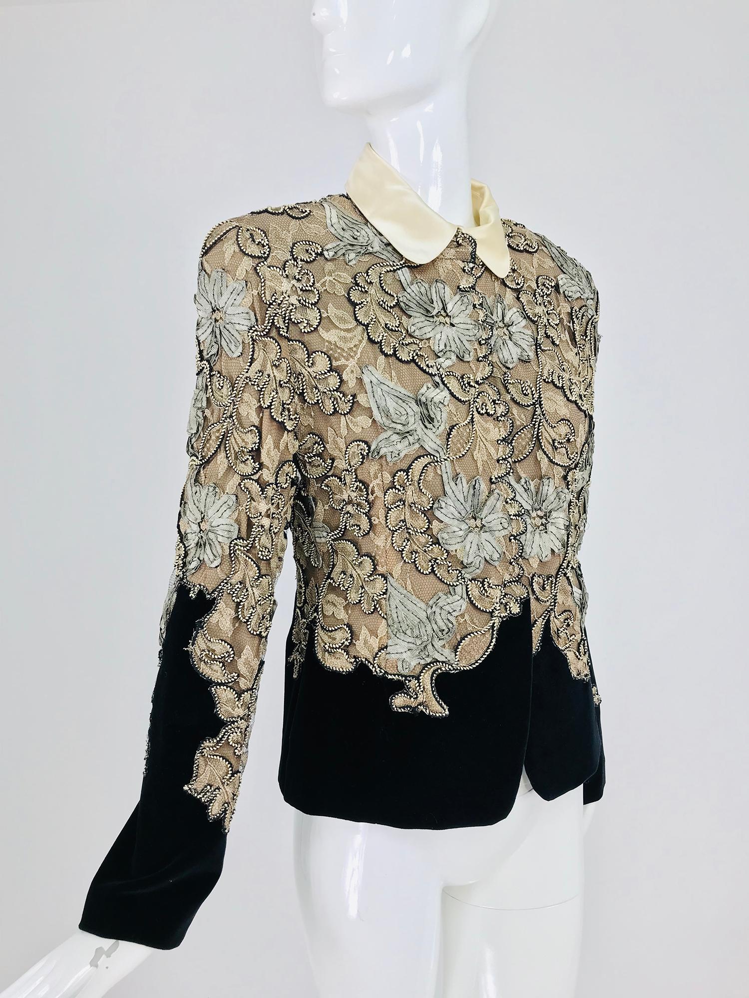 Krizia Black Velvet and Cream Lace Applique Jacket For Sale at 1stDibs