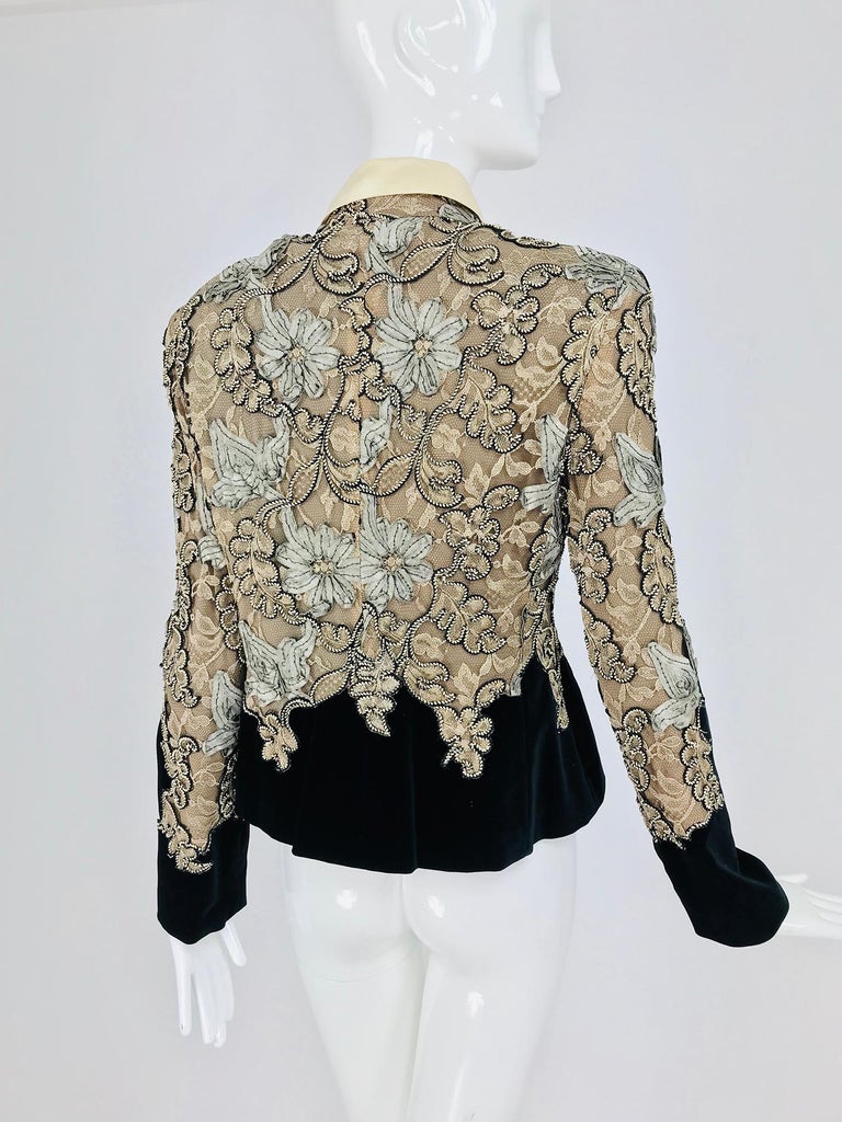 Krizia Black Velvet and Cream Lace Applique Jacket For Sale at 1stDibs