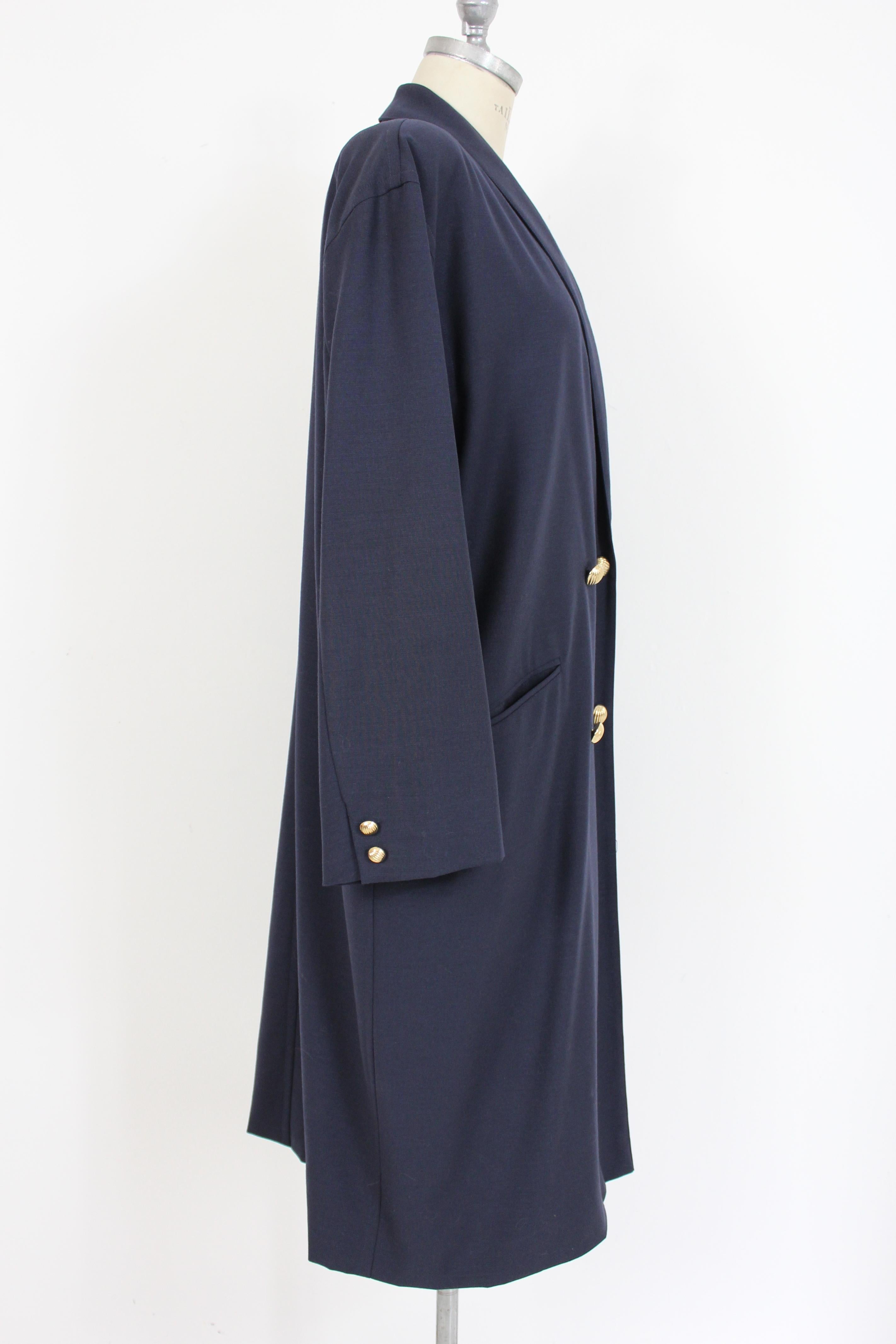 Black Krizia Blue Wool Classic Long Double Breasted Coat