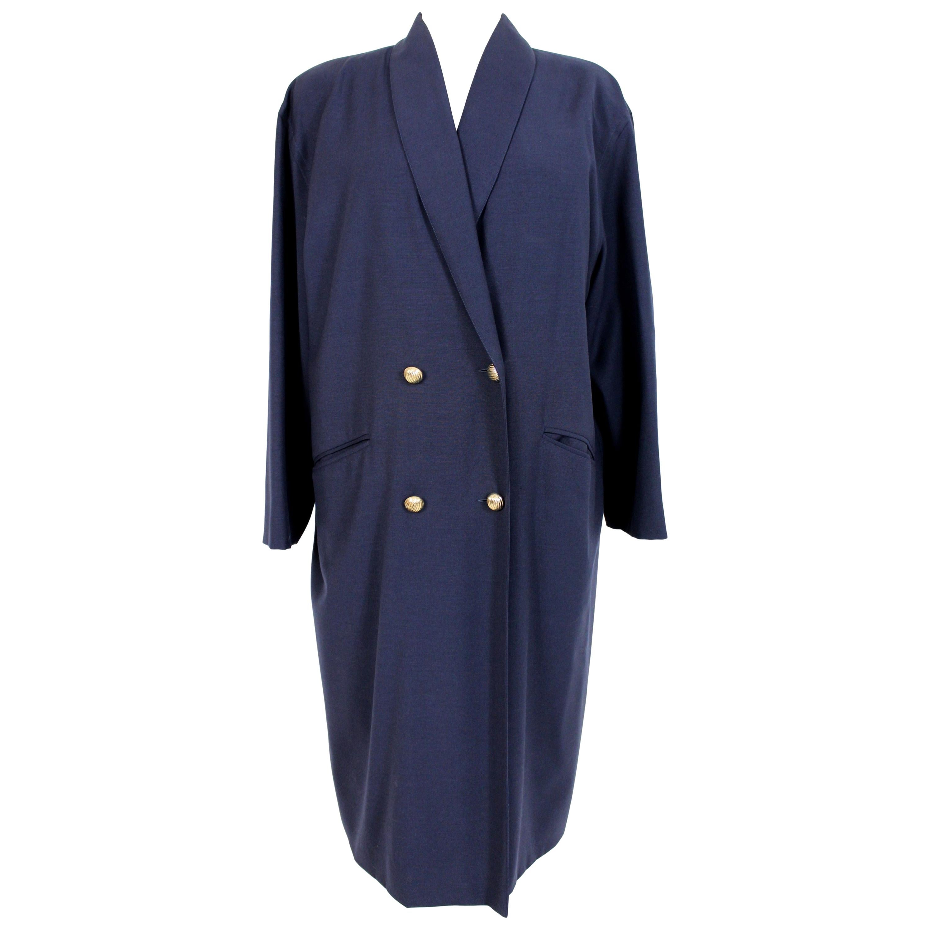 Krizia Blue Wool Classic Long Double Breasted Coat