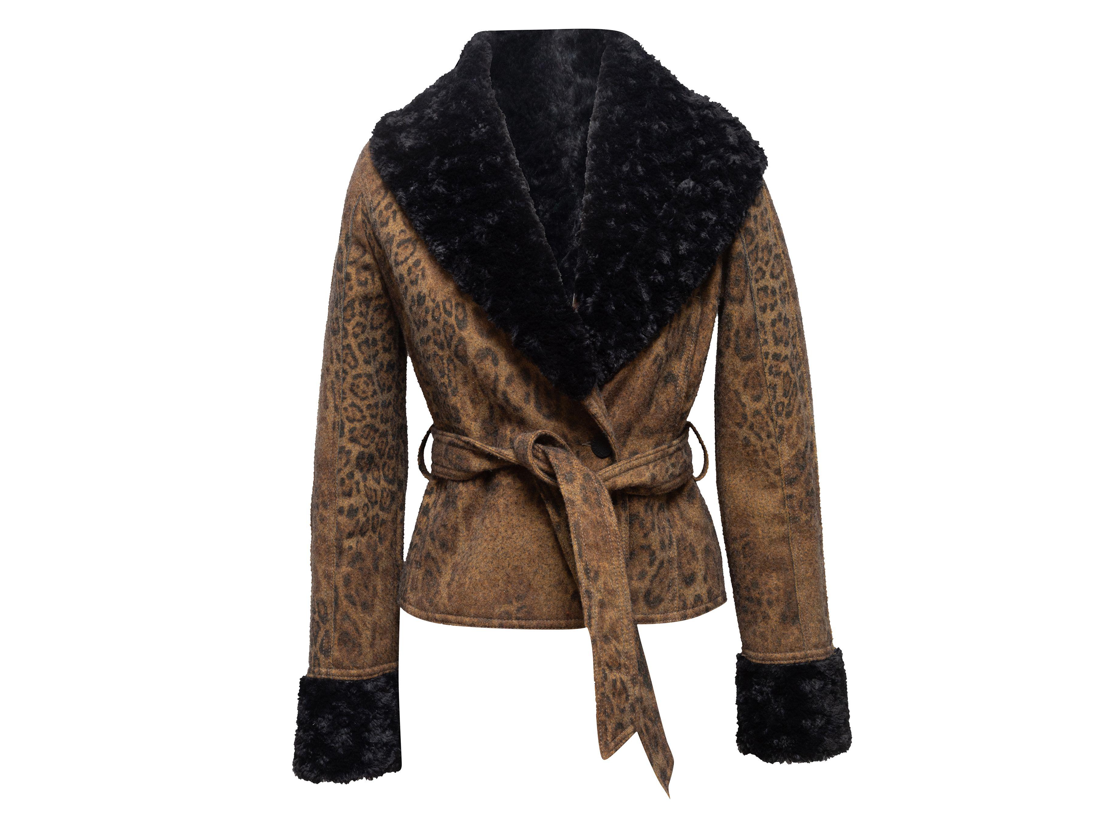 Krizia Brown & Black Leopard Print Faux Fur-Trimmed Jacket In Good Condition In New York, NY
