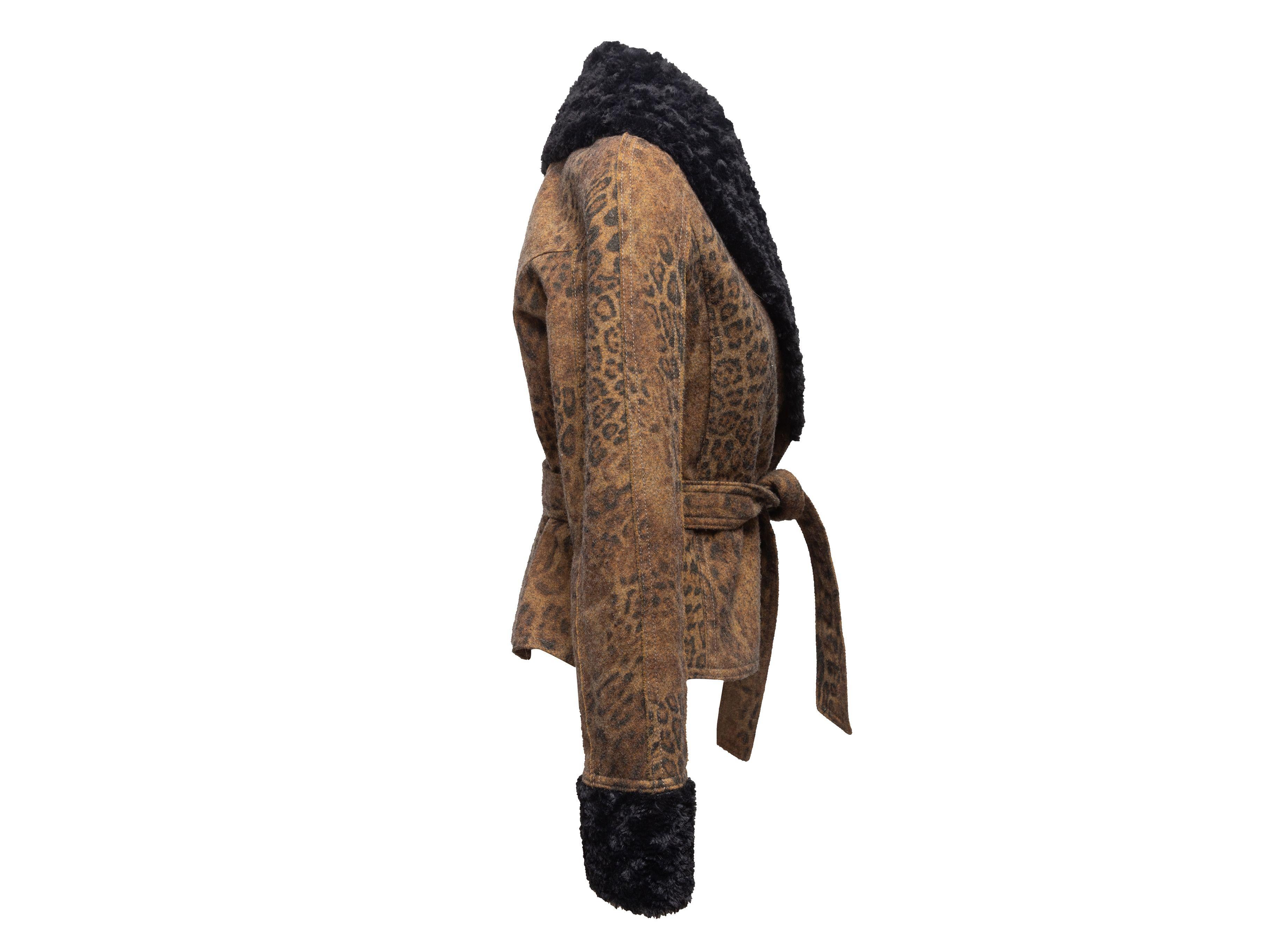 Women's Krizia Brown & Black Leopard Print Faux Fur-Trimmed Jacket