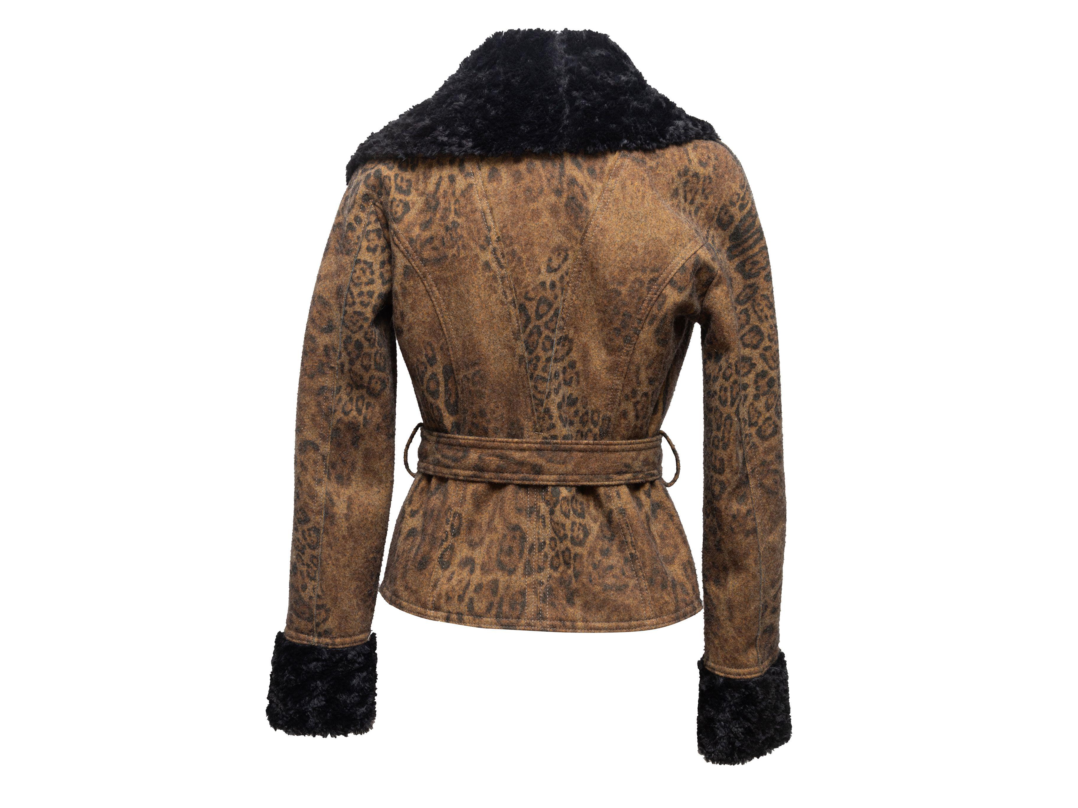 Krizia Brown & Black Leopard Print Faux Fur-Trimmed Jacket 1