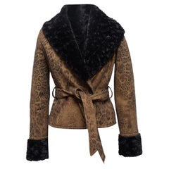 Krizia Brown & Black Leopard Print Faux Fur-Trimmed Jacket