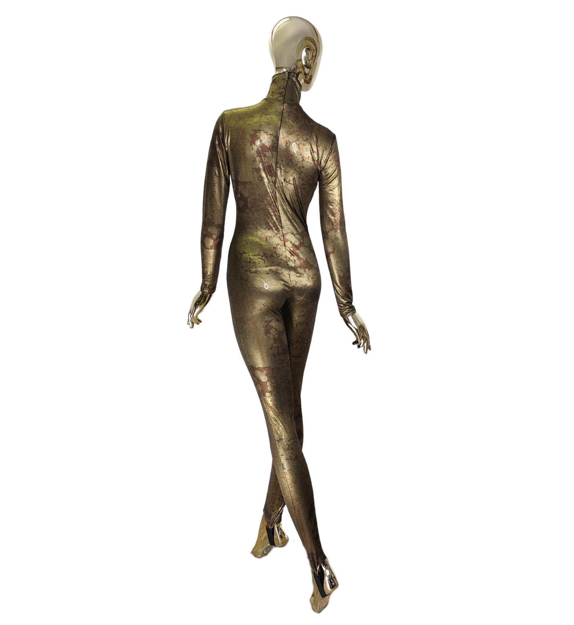 Krizia F/W 1994 runway gold bronze printed catsuit For Sale 1