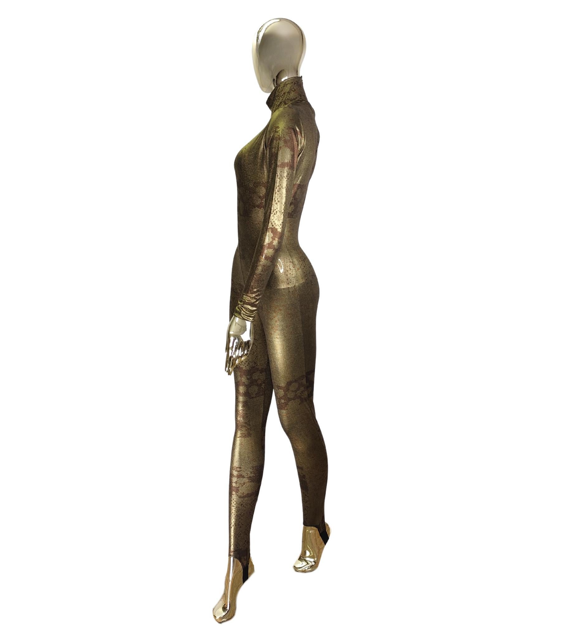 Krizia F/W 1994 runway gold bronze printed catsuit For Sale 2