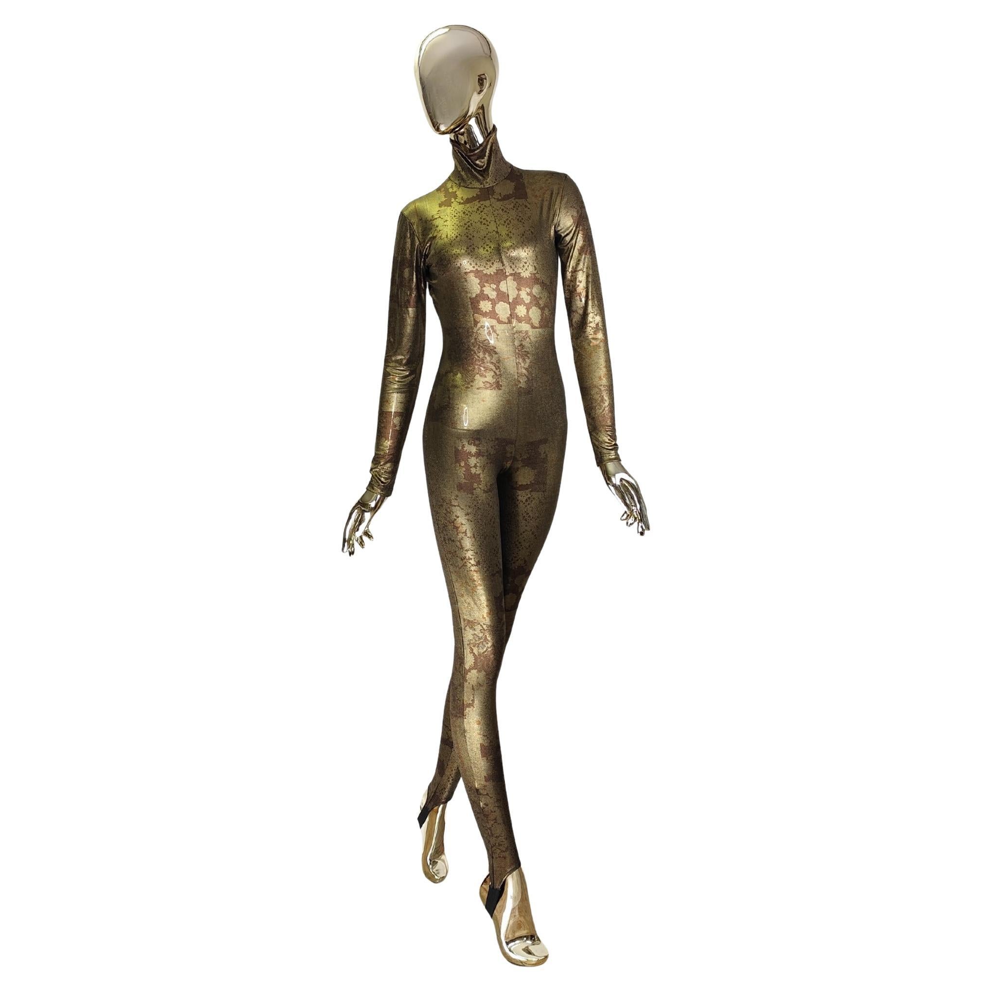 Krizia F/W 1994 runway gold bronze printed catsuit For Sale