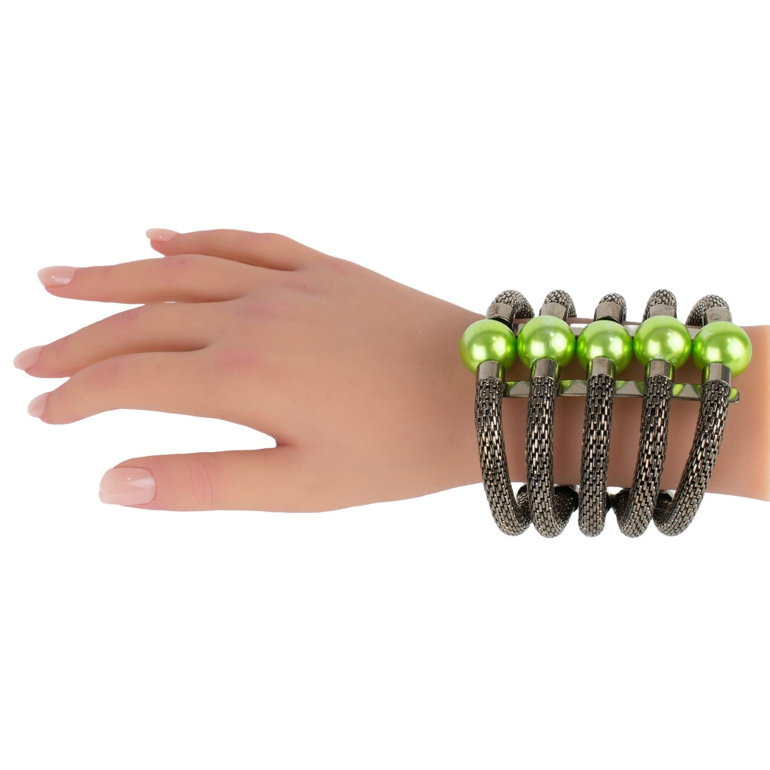 Krizia Italy Massive Gunmetal and Green Resin Cuff Bracelet For Sale 5