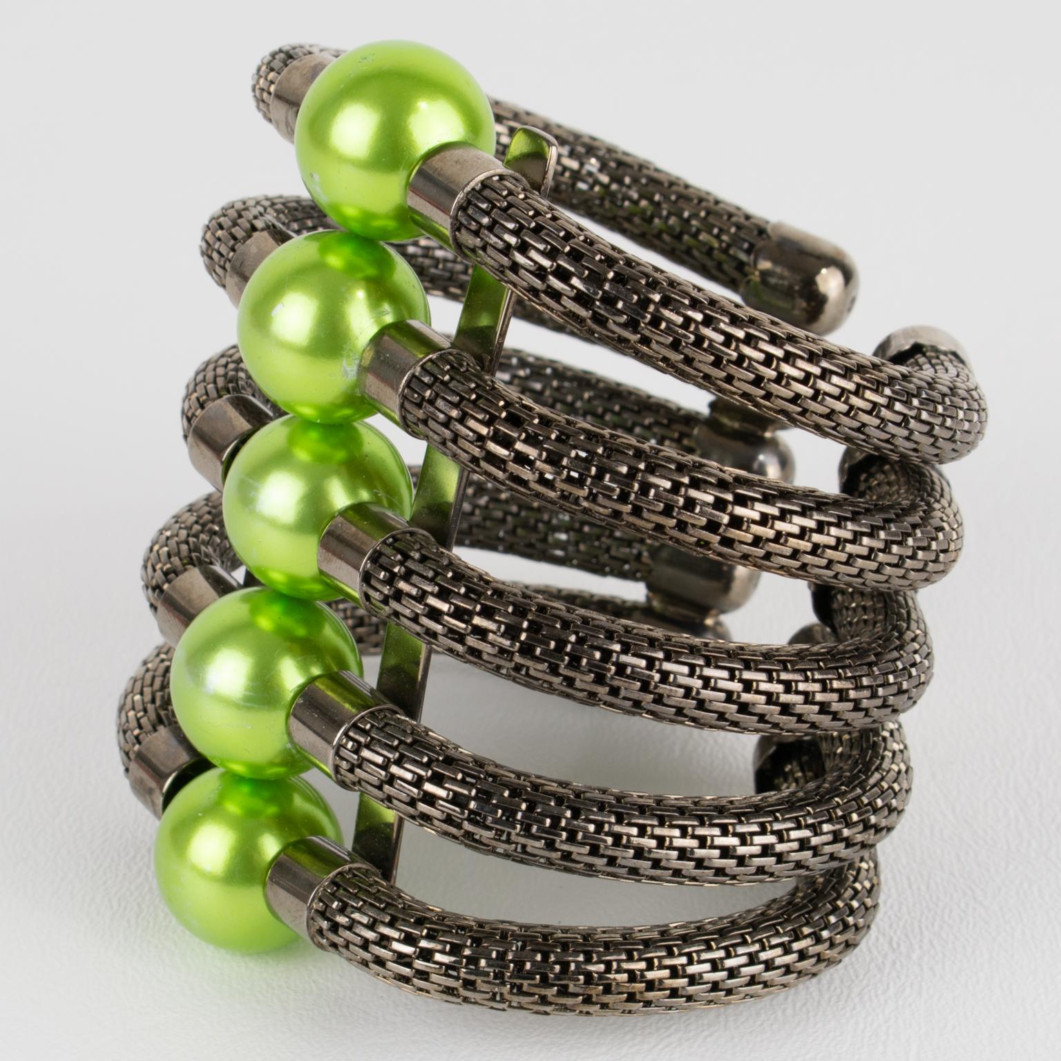 Modern Krizia Italy Massive Gunmetal and Green Resin Cuff Bracelet For Sale