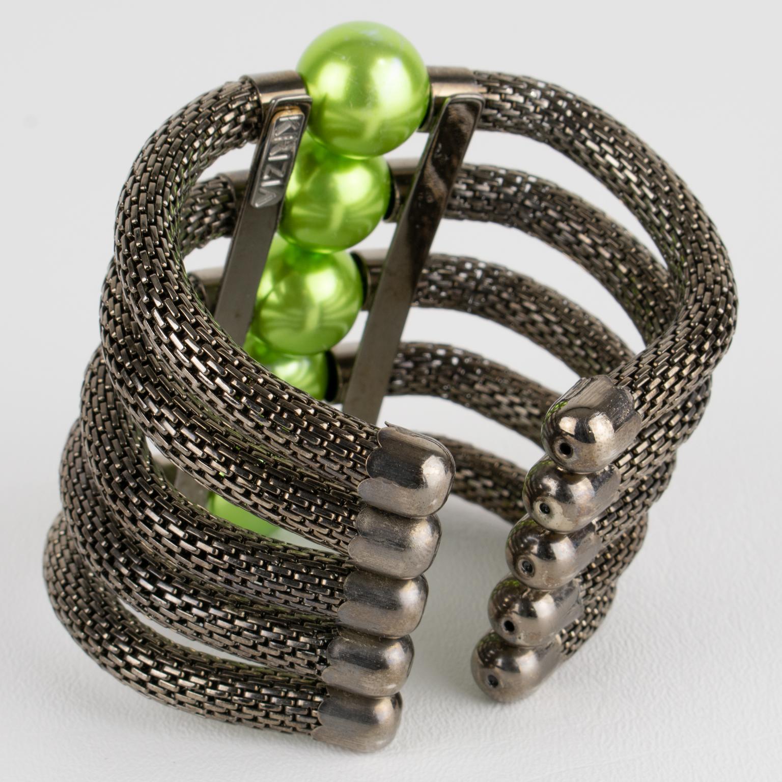 Krizia Italy Massive Gunmetal and Green Resin Cuff Bracelet In Excellent Condition For Sale In Atlanta, GA