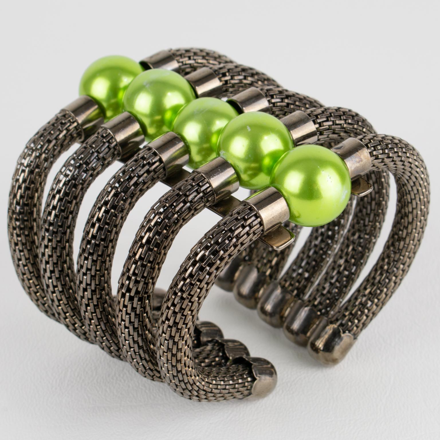 Women's or Men's Krizia Italy Massive Gunmetal and Green Resin Cuff Bracelet For Sale