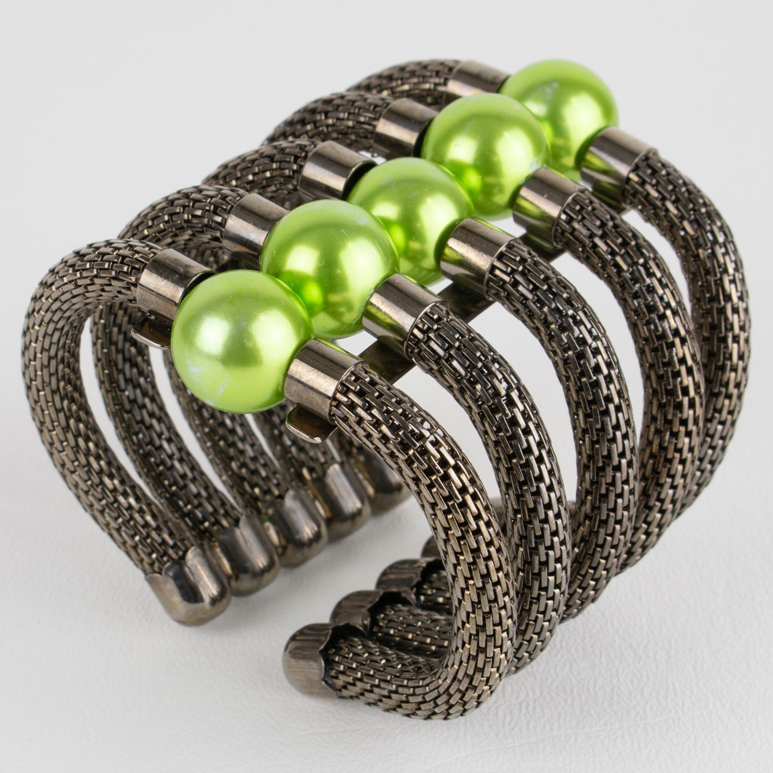 Krizia Italy Massive Gunmetal and Green Resin Cuff Bracelet For Sale 1