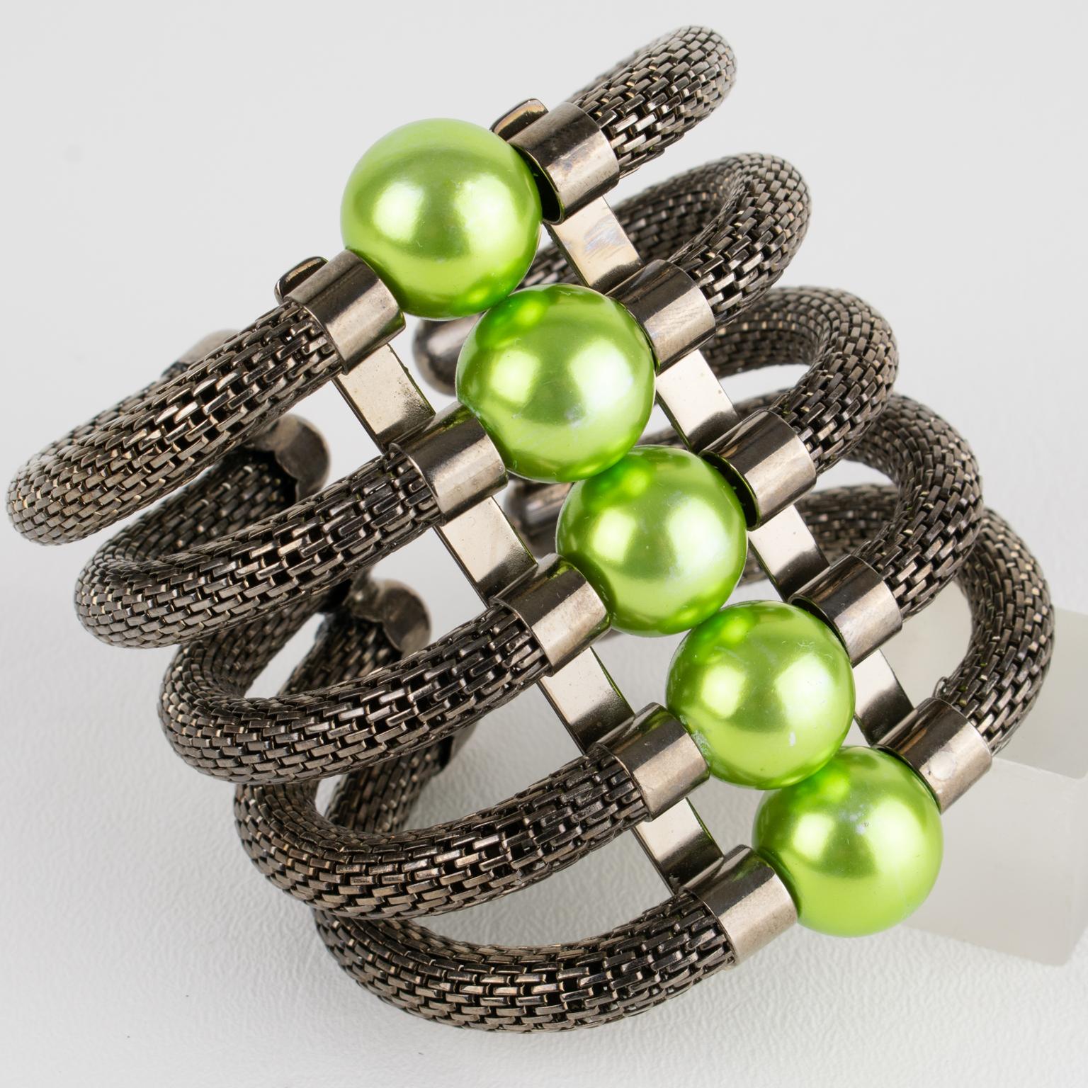 Krizia Italy Massive Gunmetal and Green Resin Cuff Bracelet For Sale 2