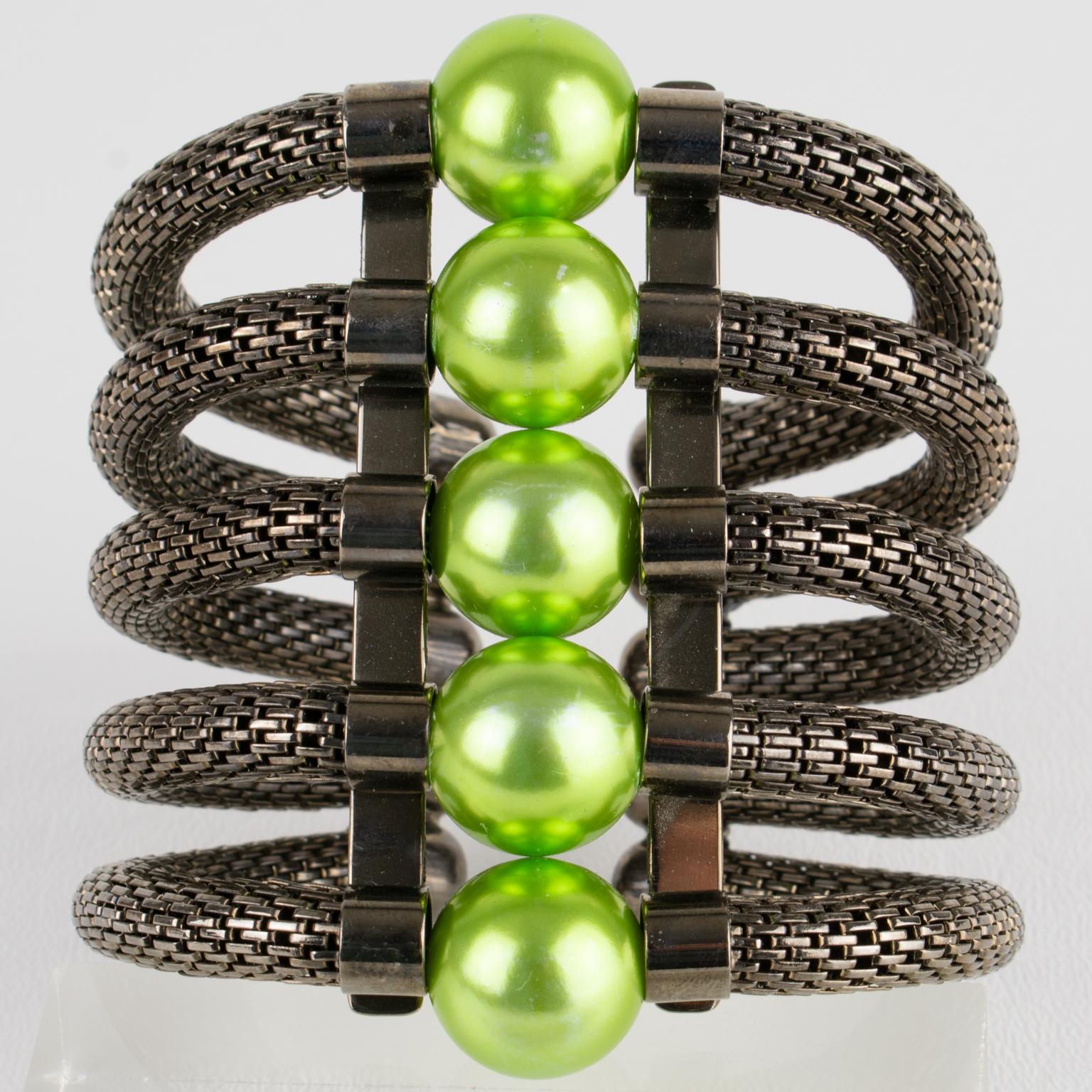 Krizia Italy Massive Gunmetal and Green Resin Cuff Bracelet For Sale 3