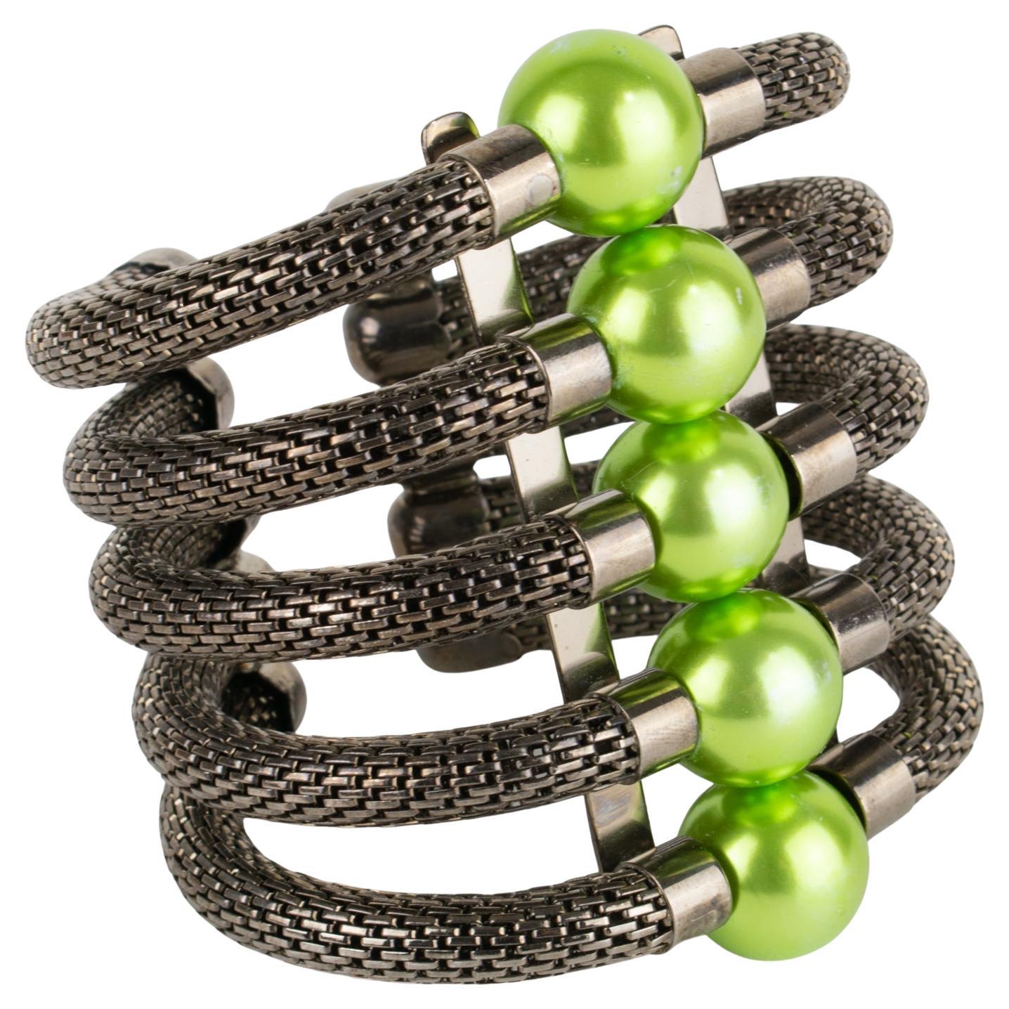 Krizia Italy Massive Gunmetal and Green Resin Cuff Bracelet