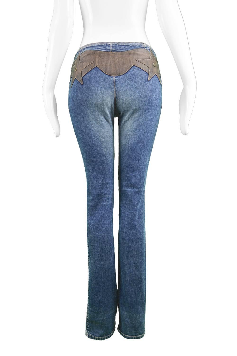Gray Krizia Jeans Vintage 1990's Brown Leather Patch Blue Stretch Denim Pants For Sale