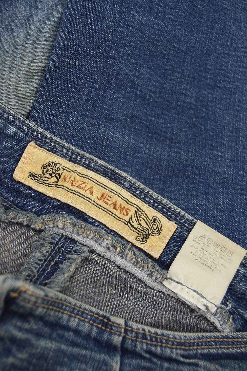 Women's Krizia Jeans Vintage 1990's Brown Leather Patch Blue Stretch Denim Pants For Sale