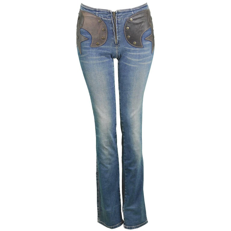 Krizia Jeans Vintage 1990's Brown Leather Patch Blue Stretch Denim ...