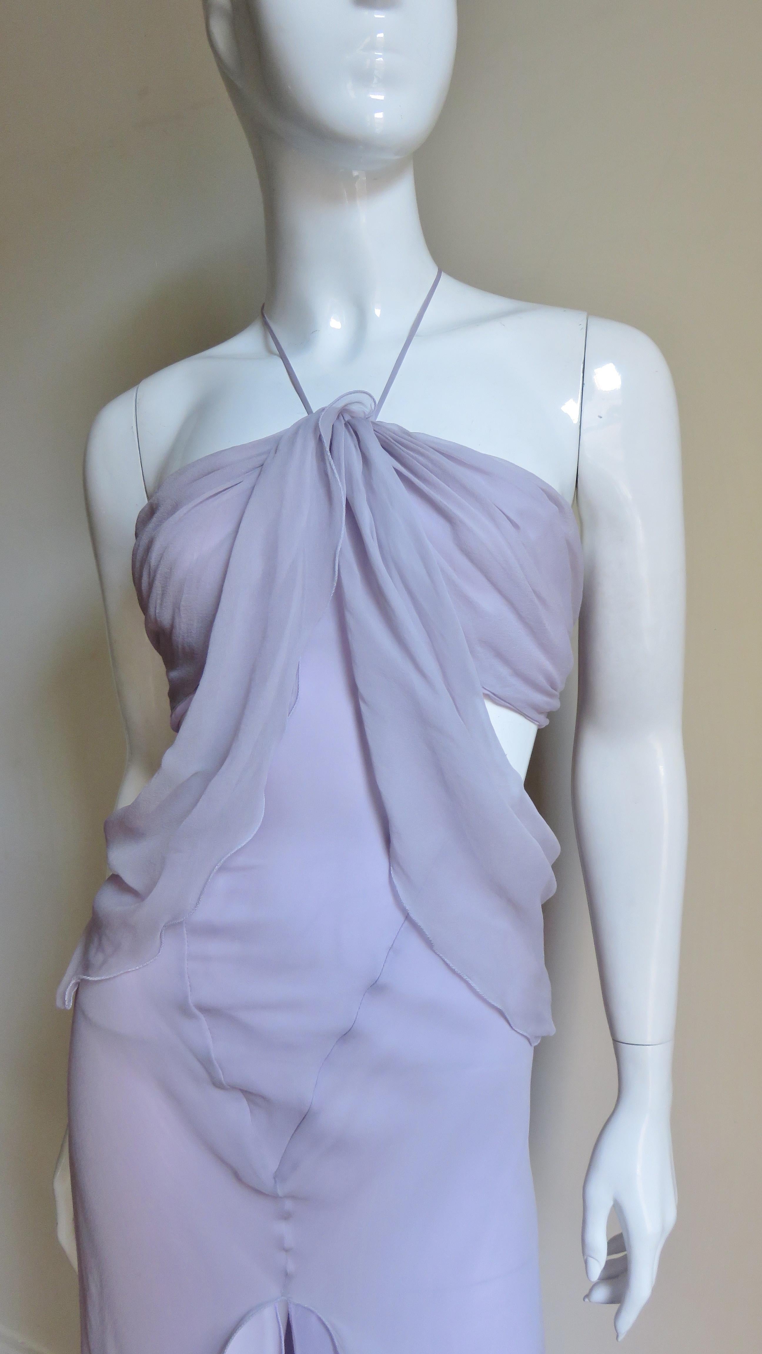 Purple Krizia Lavender New Draped Cut out Silk Gown