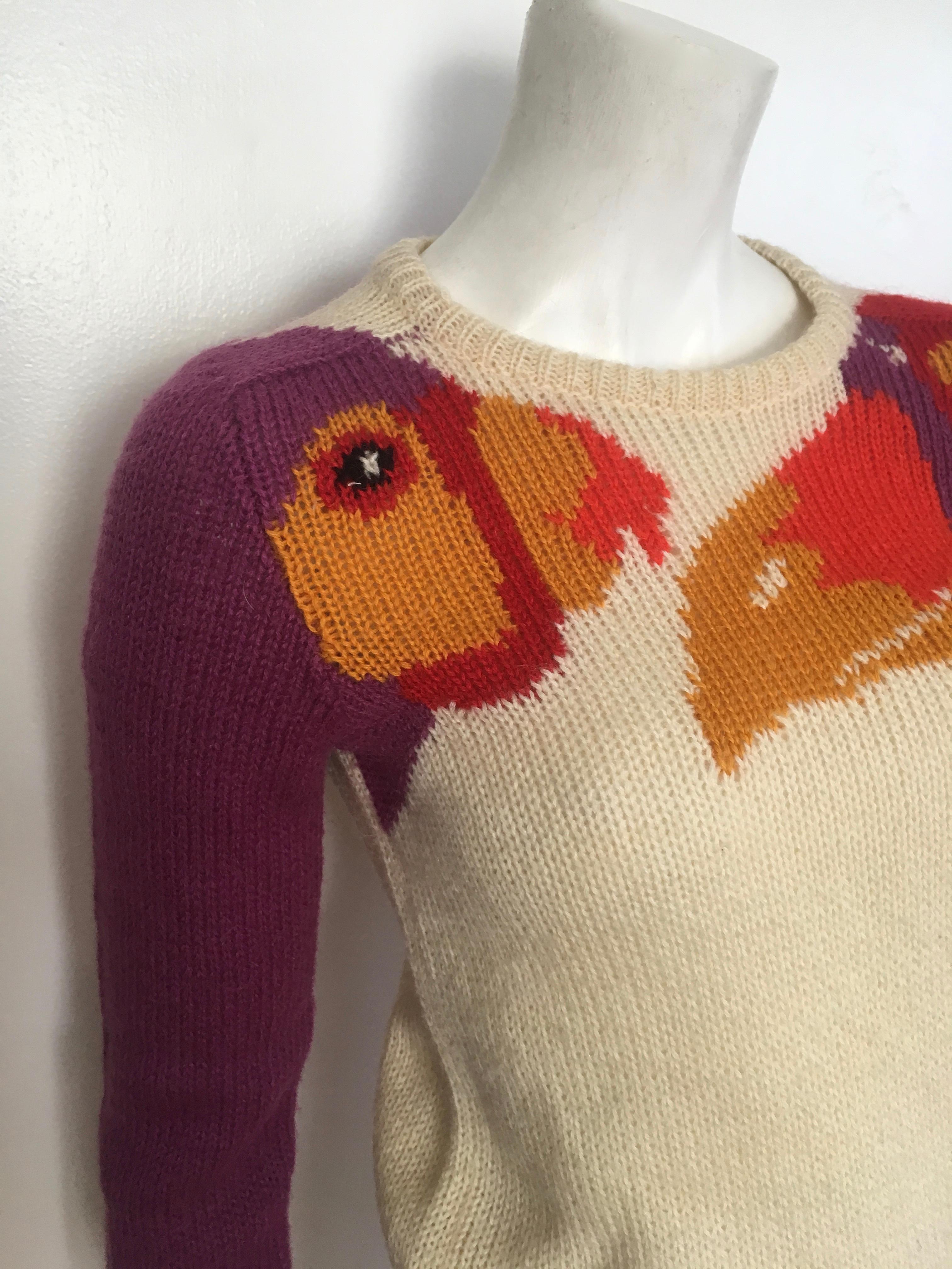 Beige Krizia Maglia 1980s Exotic Birds Iconic Pullover Sweater Size Small.