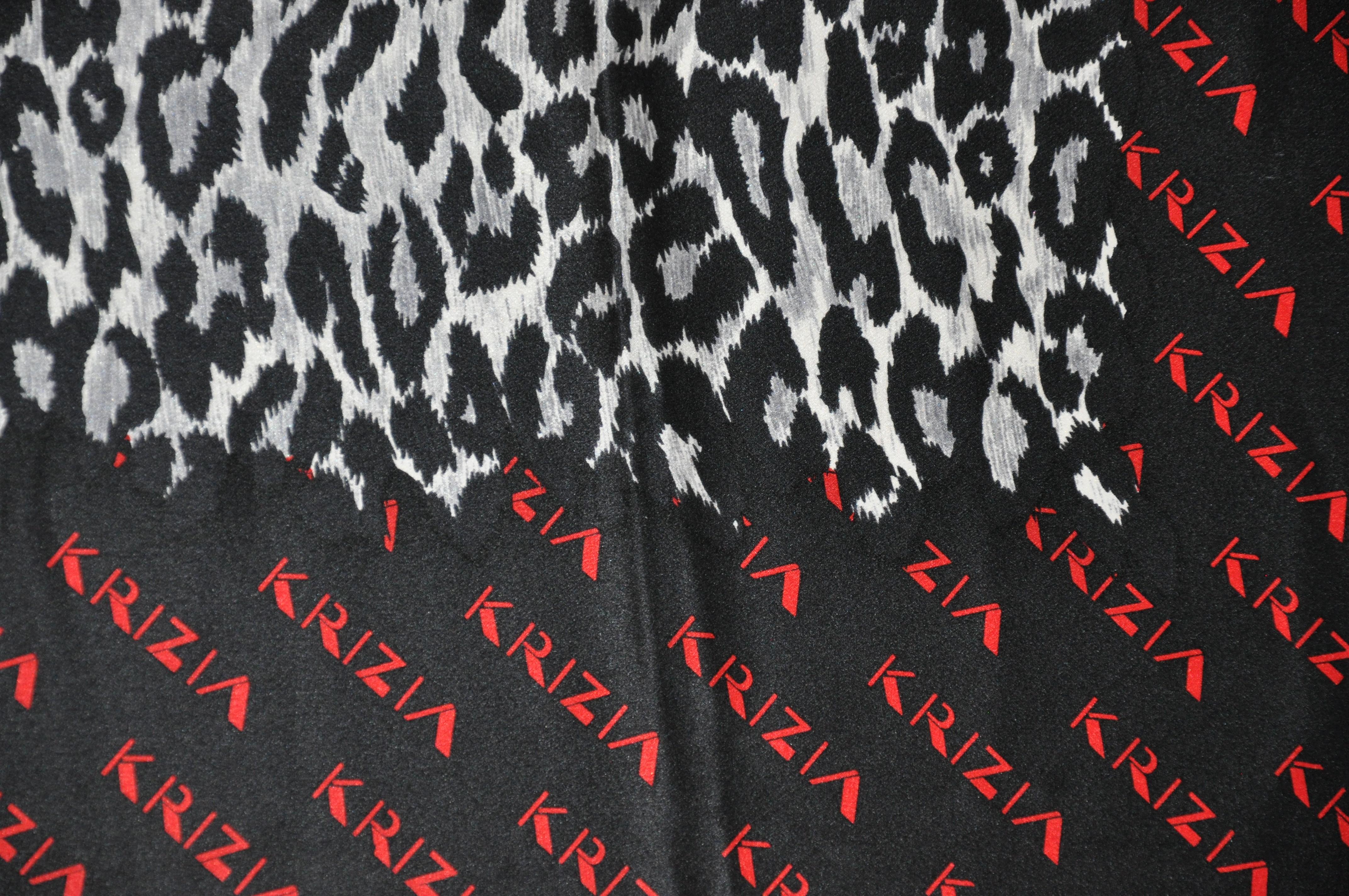 Krizia Majestic Black & Steel Gray Leopard Print Silk Scarf For Sale 1