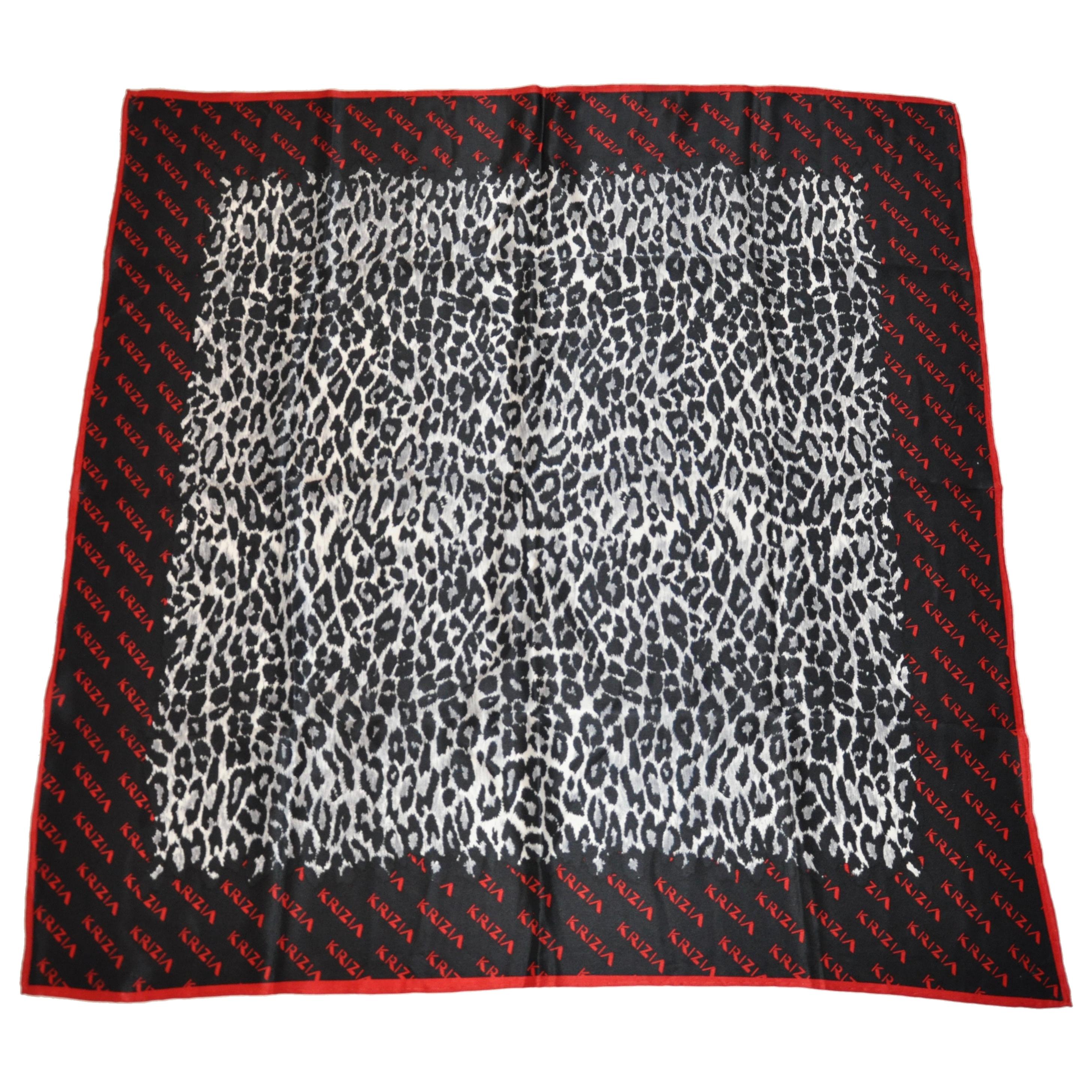 Krizia Majestic Black & Steel Gray Leopard Print Silk Scarf