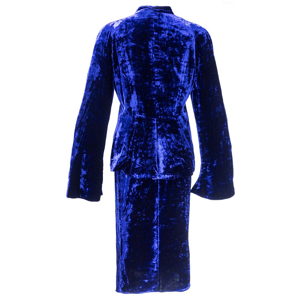 KRIZIA Midnight Blue Velvet Skirt Suit, New/Old, 1990s In Excellent Condition For Sale In Los Angeles, CA