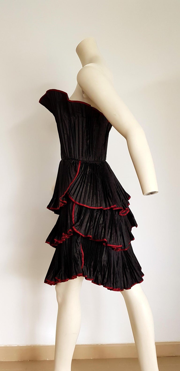 KRIZIA "New" Haute Couture Black Flounced Pleated Silk Dress - Unworn