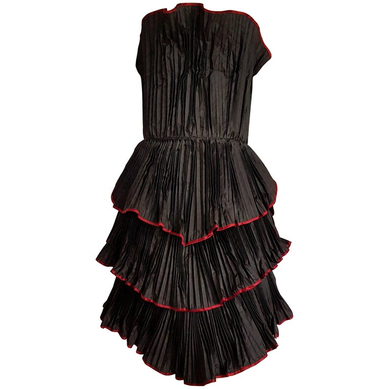 KRIZIA "New" Haute Couture Black Flounced Pleated Silk Dress - Unworn