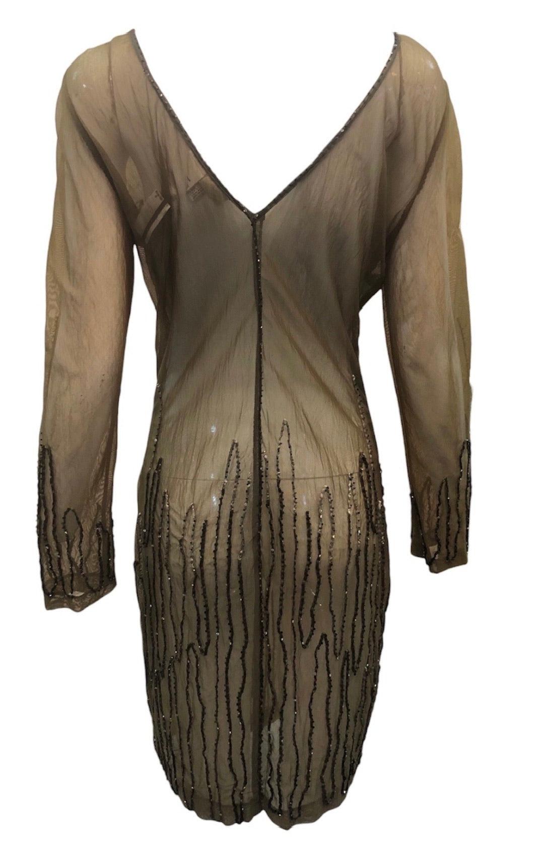 Krizia Olivgrünes durchsichtiges Mesh-Perlenkleid OLDB, 2000er Jahre (Braun) im Angebot