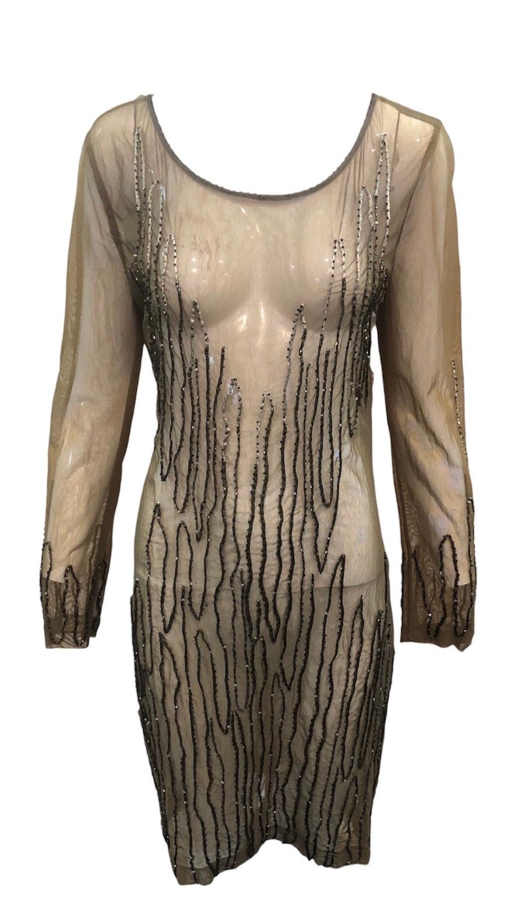 Krizia Olivgrünes durchsichtiges Mesh-Perlenkleid OLDB, 2000er Jahre