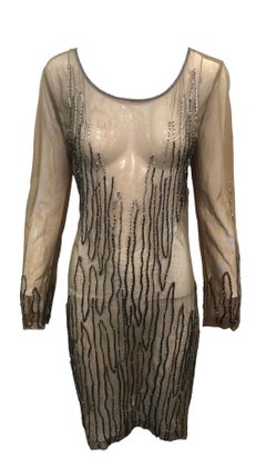 Krizia Olivgrünes durchsichtiges Mesh-Perlenkleid OLDB, 2000er Jahre