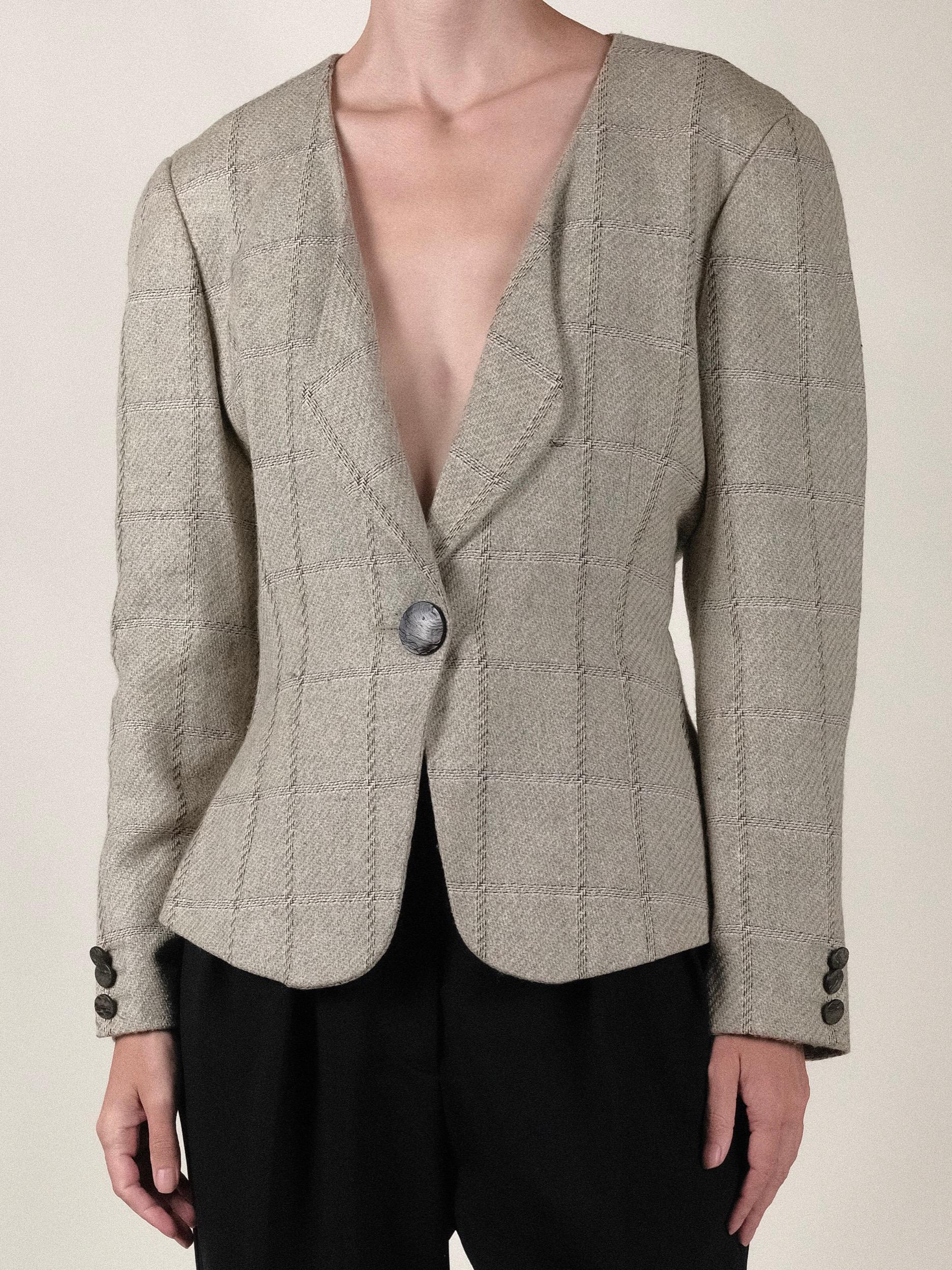 Gray Krizia Plaid Wool and Silk Jacket 1980's Sz 42 For Sale